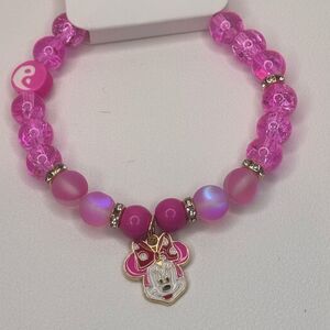 Colorful Kids Beaded Stretch Bracelet Hot Pink beads Minnie charm